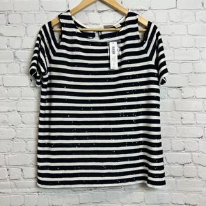 Chicos Shiny Sequin Stripe Cold Shoulder Top Womens 2 Deep Navy NWT